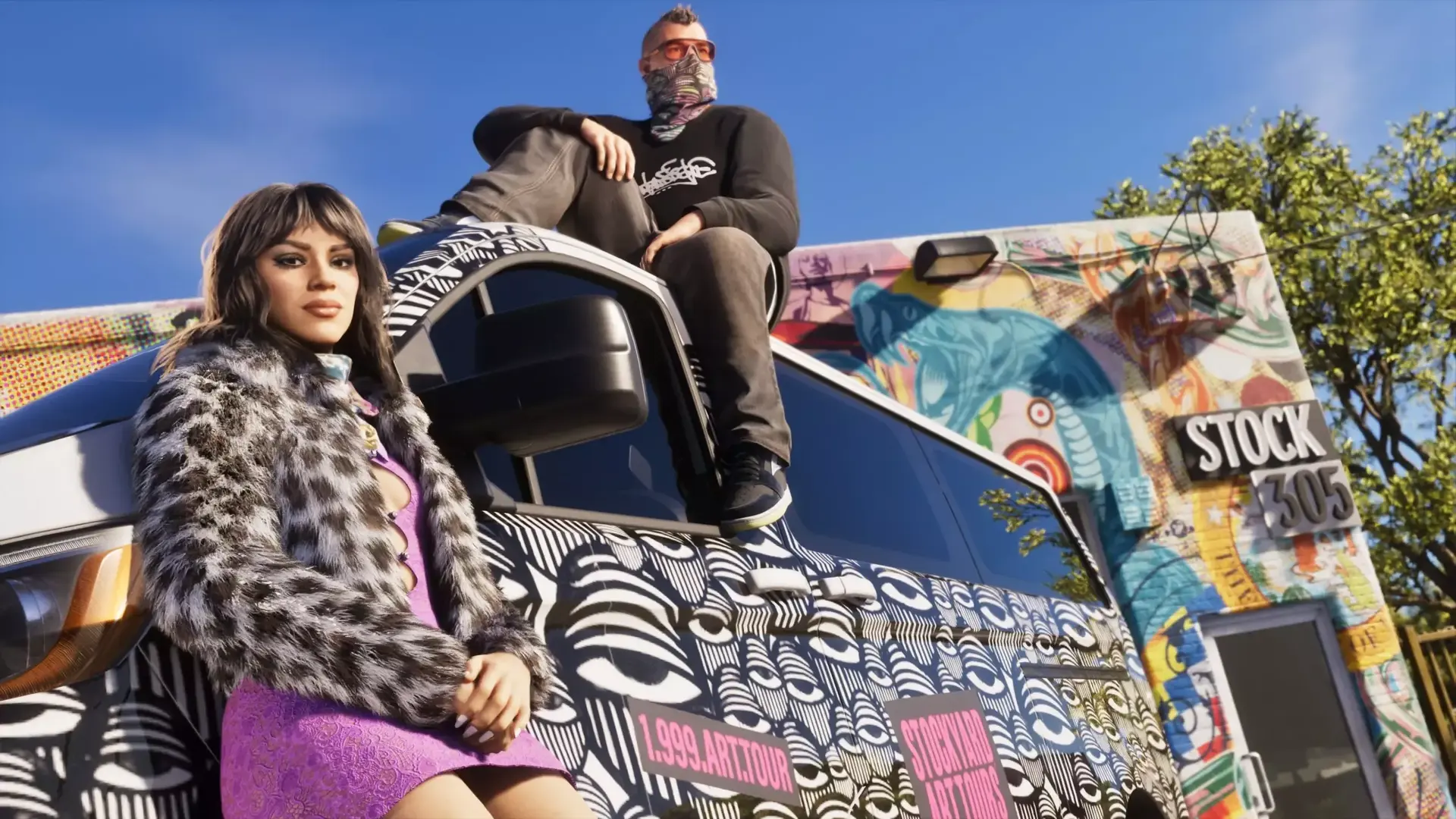 A woman in a leopard-print jacket leaning on a graffiti-covered van with a man on its roof, the Stock 305 sign behind