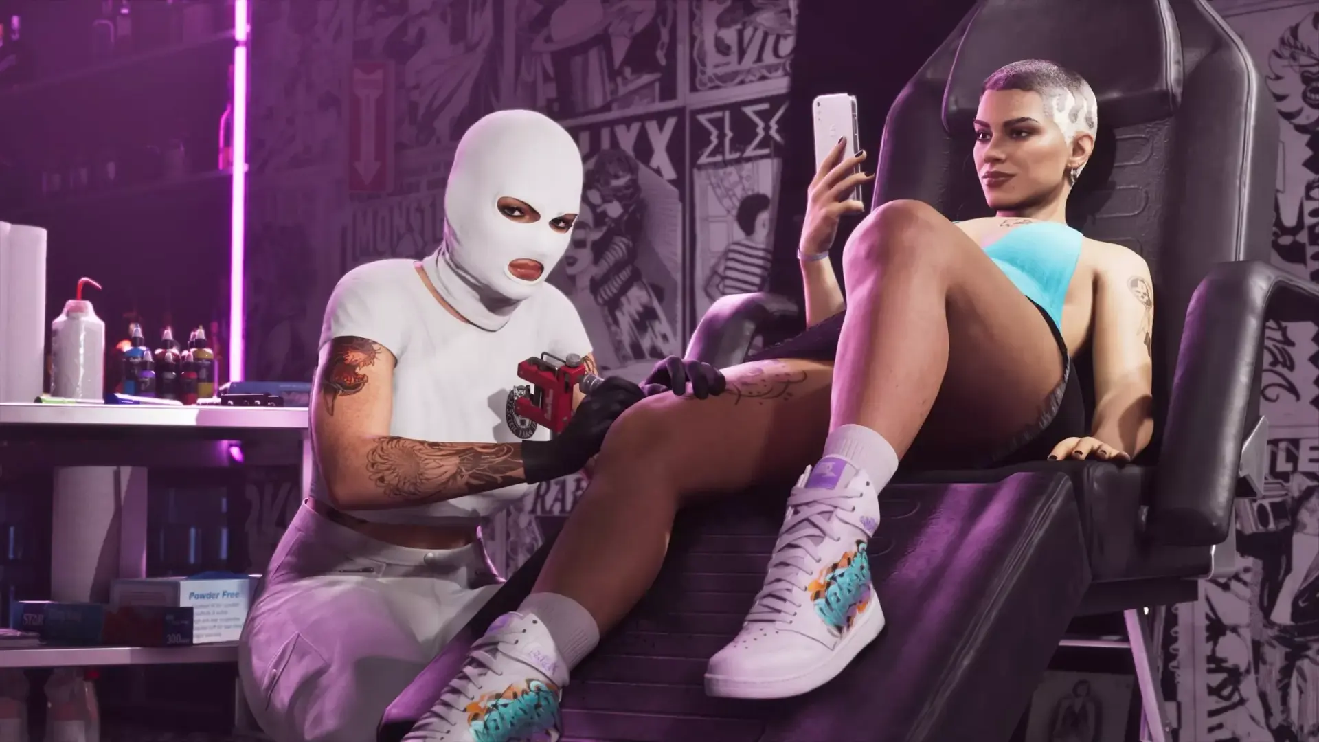 A tattoo artist in a white ski mask tattooing a woman's leg in a neon-lit parlor
