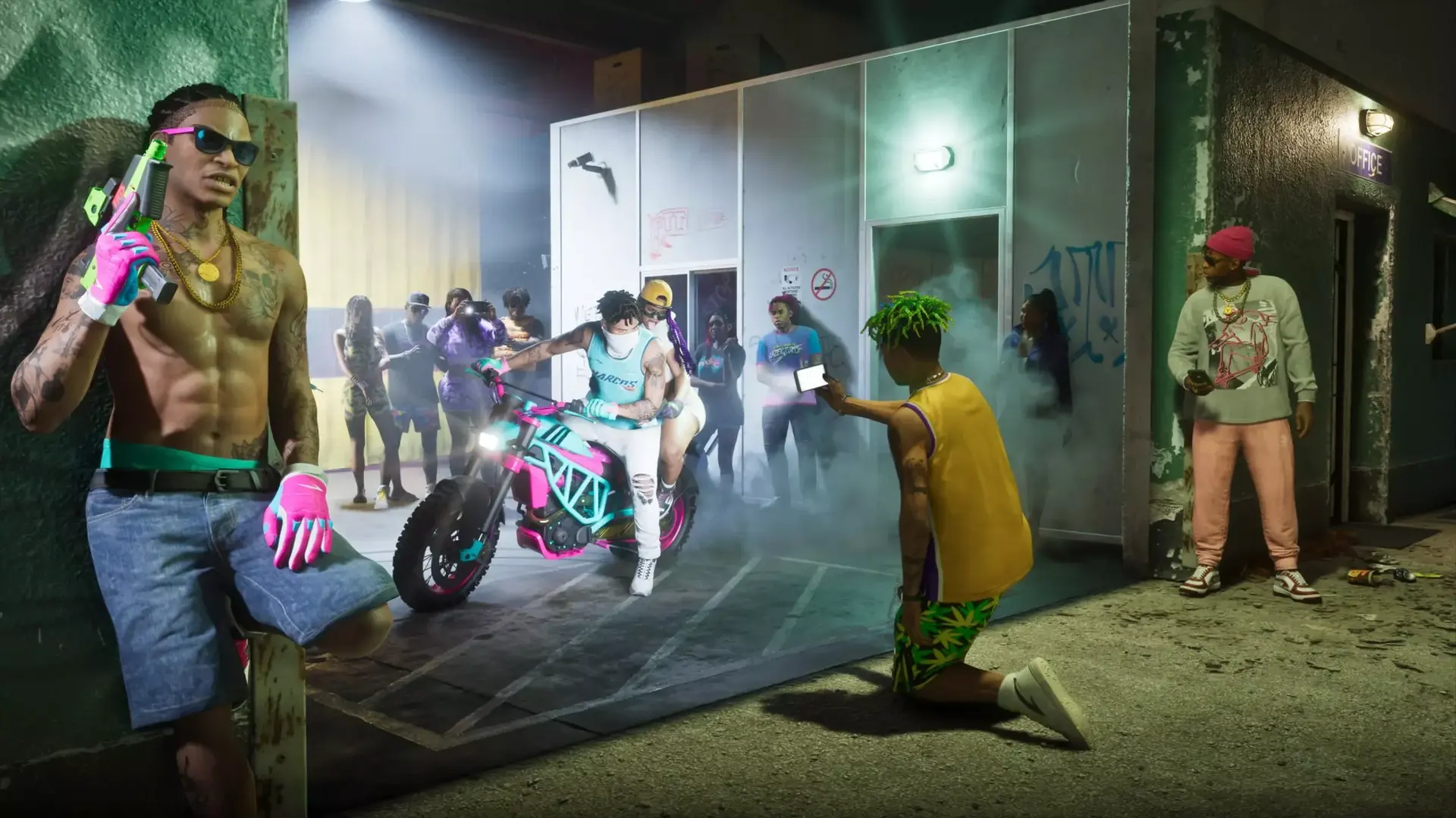 Gang members gathered around a motorbike outside a garage-style door while one films on a phone