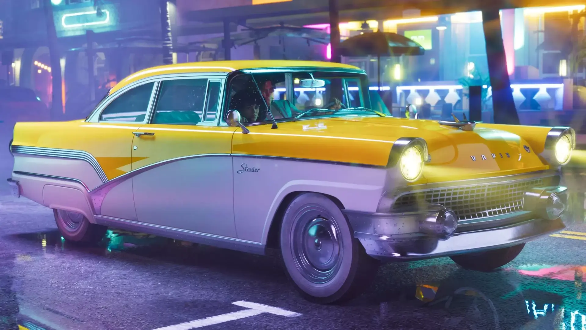 A yellow and white 1950s sedan, the '55 Vapid Stanier, parked on a neon-lit street at night