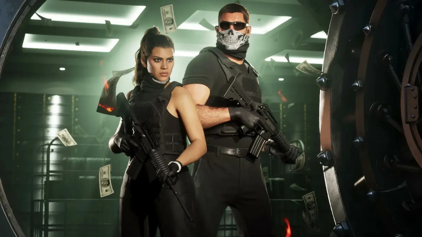 Jason in a skull face covering and Lucia, both armed with rifles, in front of an open vault door as banknotes fly around them in GTA 6