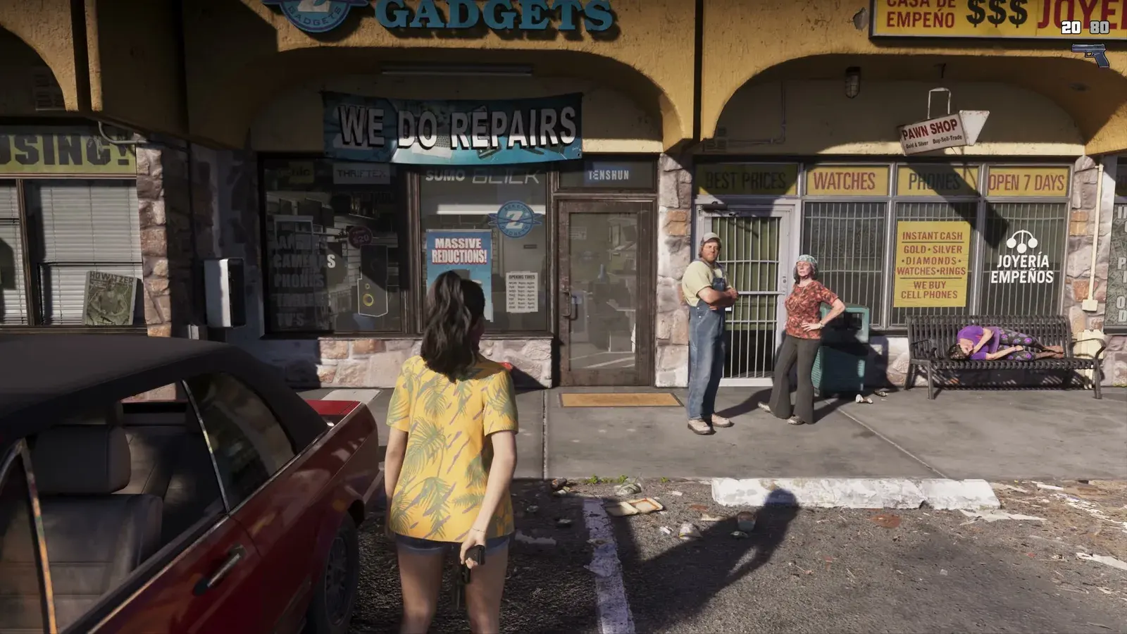 A woman in a yellow top walking away from a car toward a gadget repair shop with shutters and posters at night