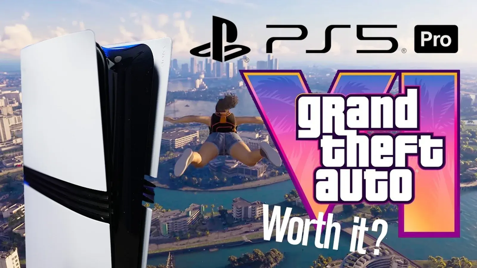 SimplyPops's YouTube thumbnail asking whether the PS5 Pro is worth it for GTA 6, next to Rockstar's Extended Look trailer