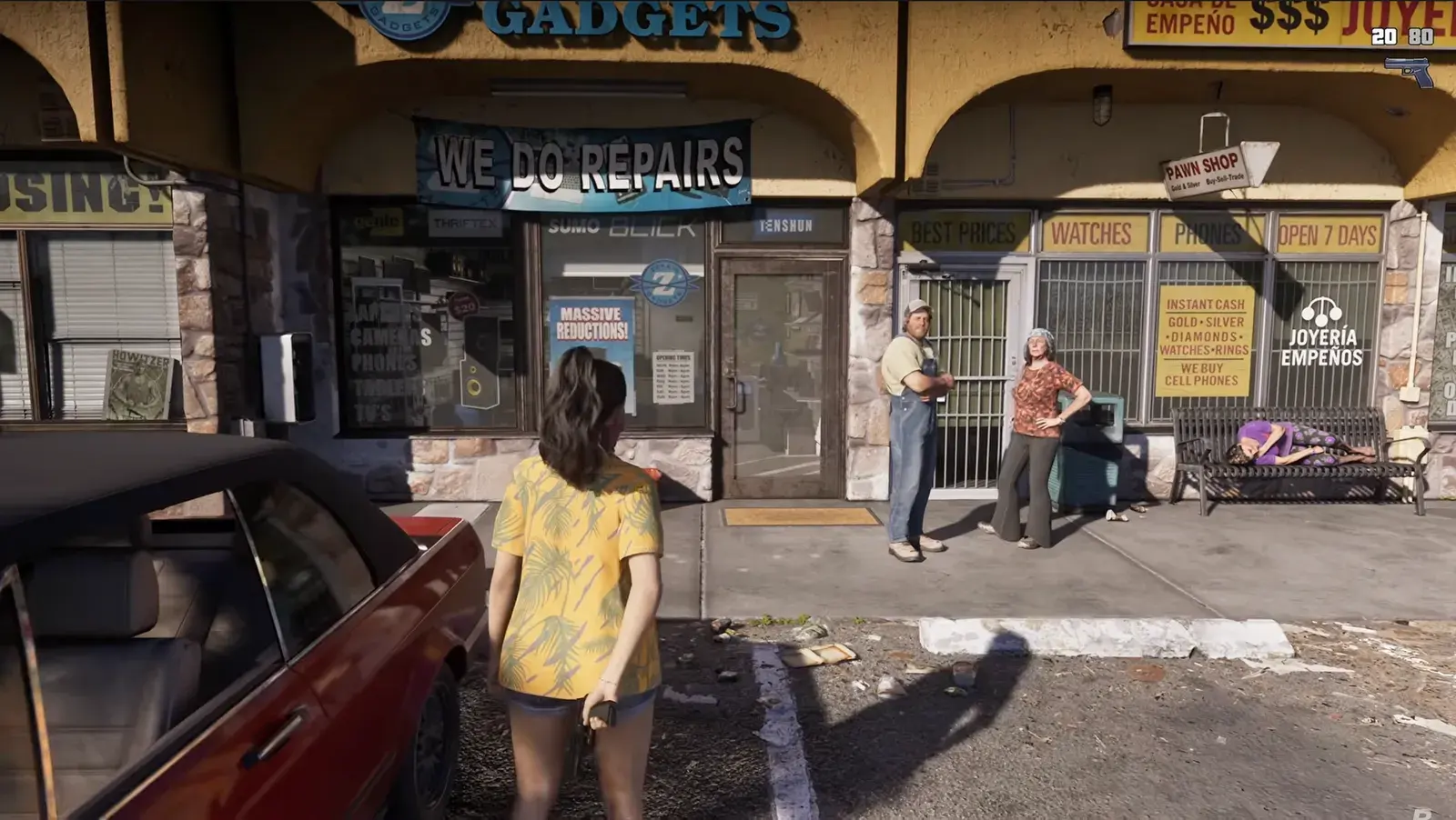 GTA 6 Extended Look frame of Lucia walking toward a Gadgets phone repair shop next to a pawn shop in a strip mall