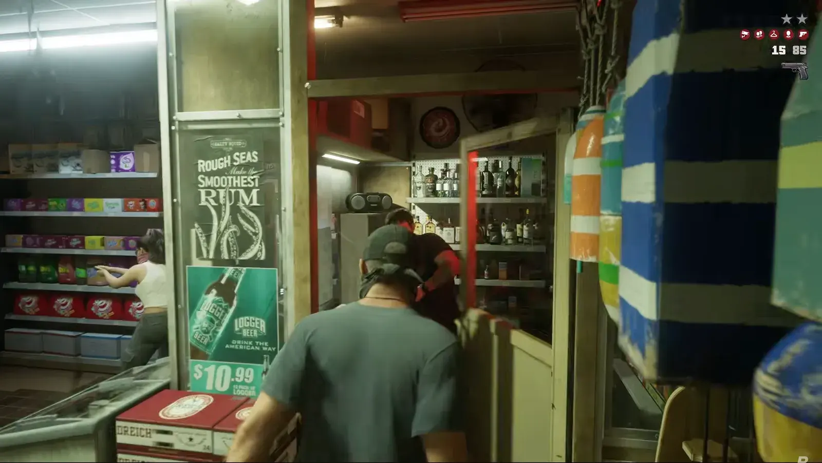 GTA 6 Extended Look frame of a masked robber behind the counter of a liquor store with two wanted stars on the HUD