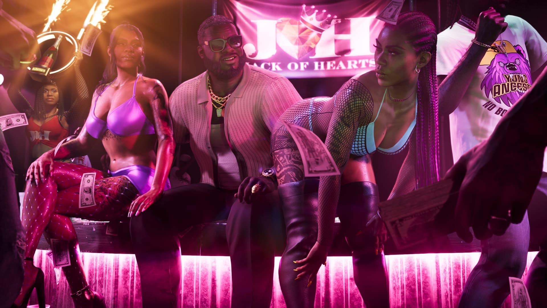 Dancers and a man in a pink-lit club under a sign reading Jack of Hearts