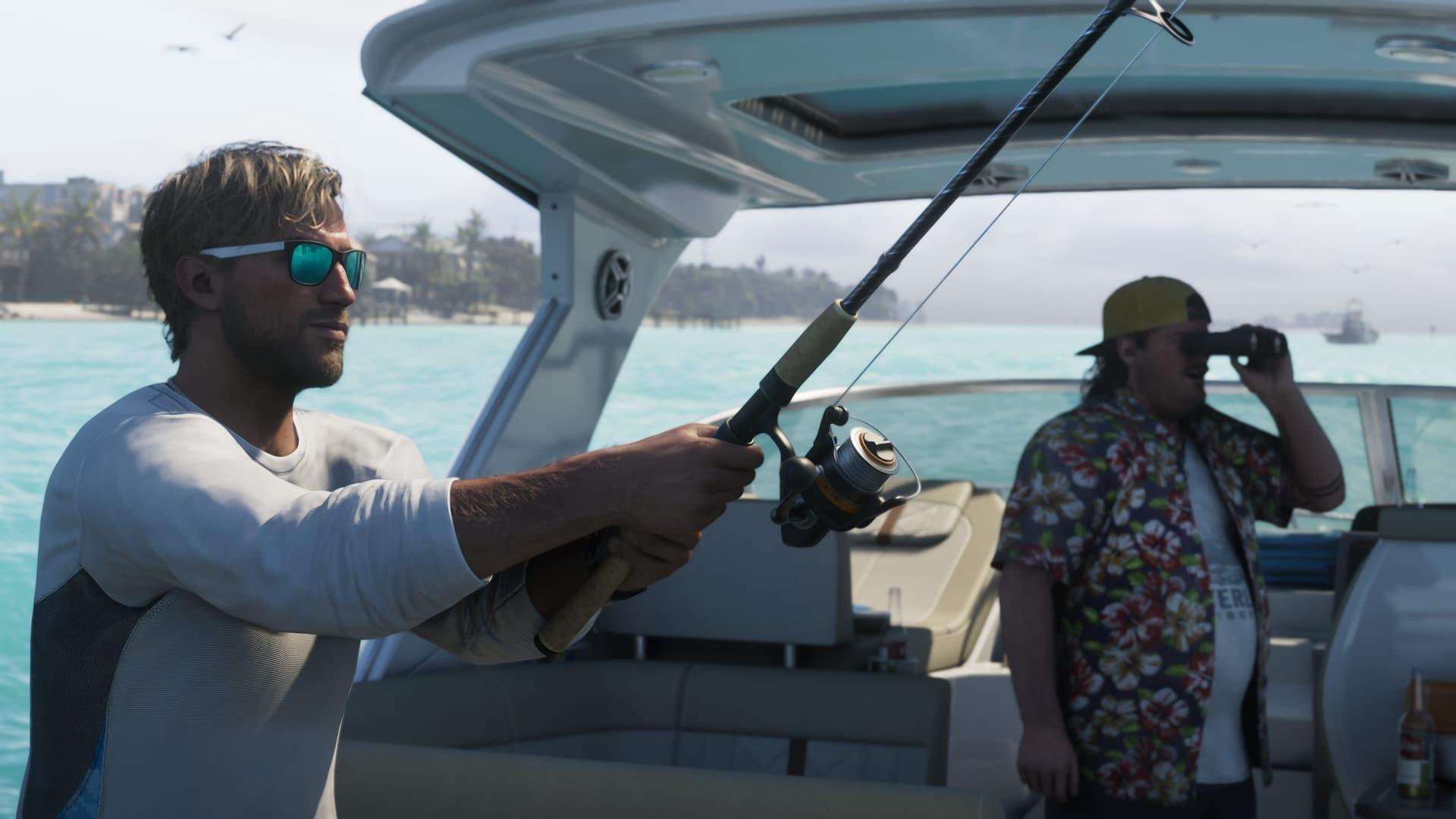 A man in sunglasses holding a fishing rod on a boat beside a man in a bucket hat raising binoculars