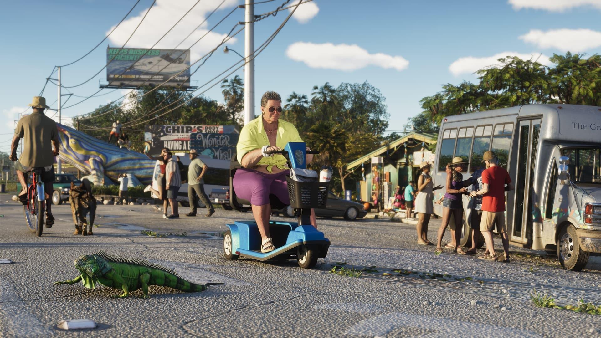 A busy beachside street in the Leonida Keys with people on foot, a mobility scooter and a bus