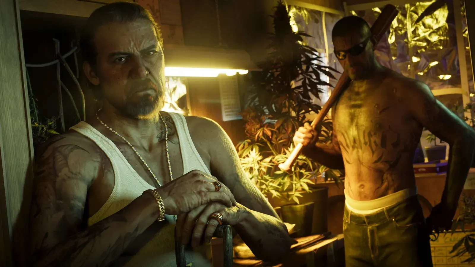 Baseball Bat in GTA 6. Uomo con una mazza da baseball in spalla in una serra di marijuana al chiuso, screenshot ufficiale di GTA 6