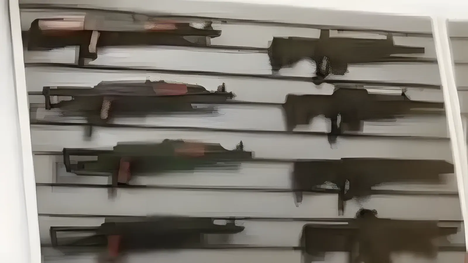 Vom Feuer Carbine Rifle in GTA 6, basata sull’arma reale Remington R5 RGP / HK416. Fucili e fucili a pompa esposti sulla parete di un’armeria, fotogramma di un trailer ufficiale di GTA 6