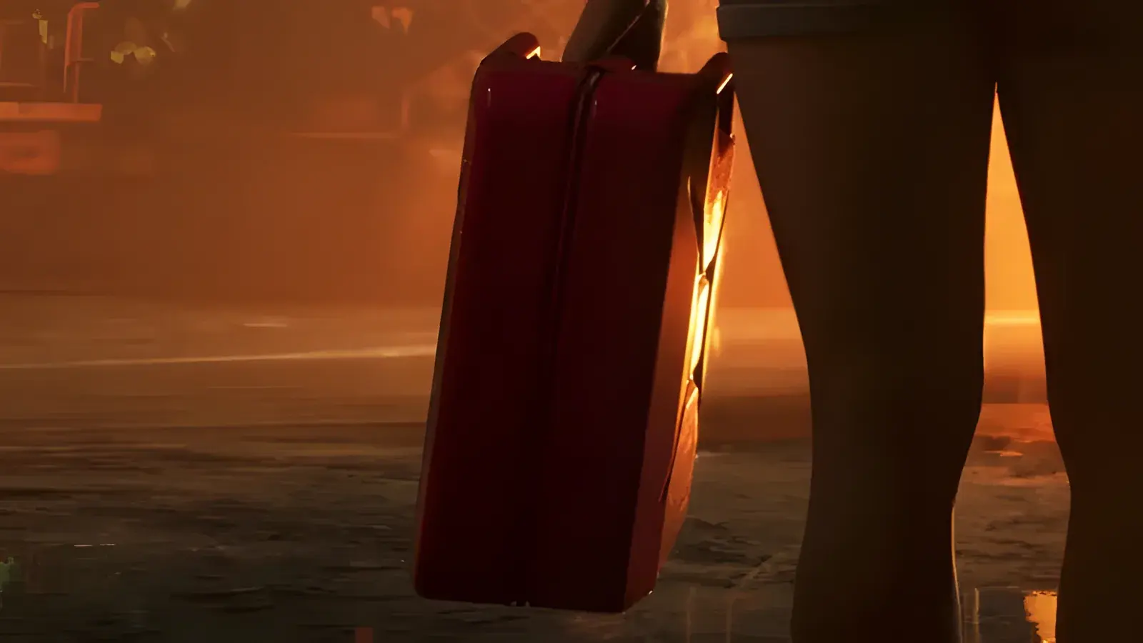 Jerry Can in GTA 6, basata sull’arma reale Petrol Canister. Tanica rossa portata al fianco di qualcuno contro un bagliore arancione di fuoco, screenshot ufficiale di GTA 6