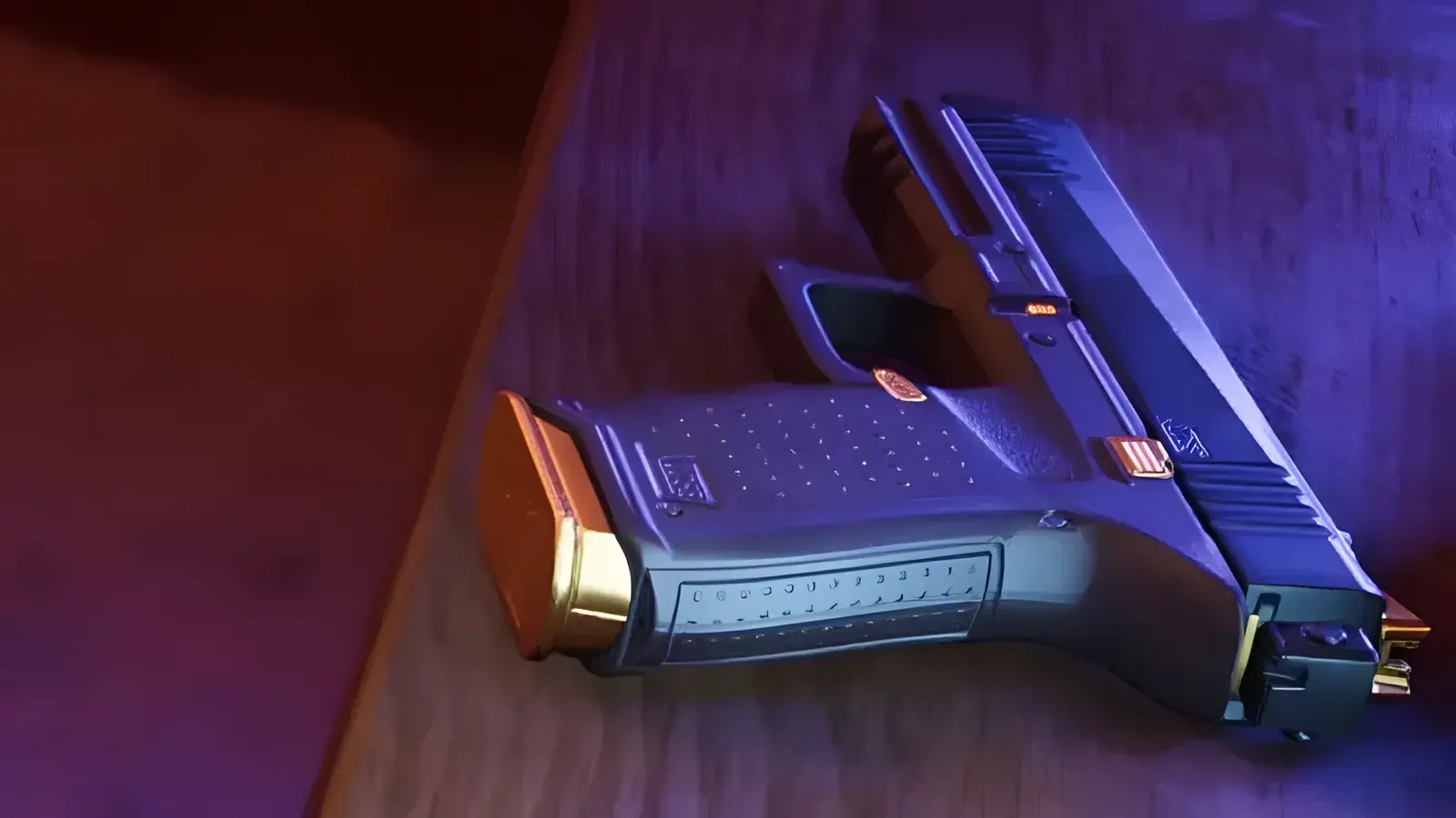 Close-up of a black semi-automatic pistol resting on a table under purple lighting, from an official GTA 6 screenshot