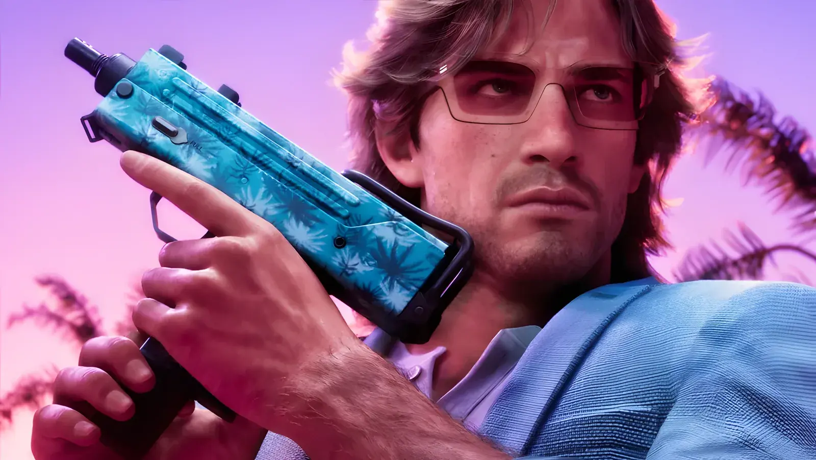 Unnamed SMG (MAC-11 type) in GTA 6, basata sull’arma reale Ingram MAC-11. Uomo con occhiali da sole che regge un mitra compatto con motivo a foglie di palma blu contro un cielo rosa al tramonto, artwork ufficiale di GTA 6