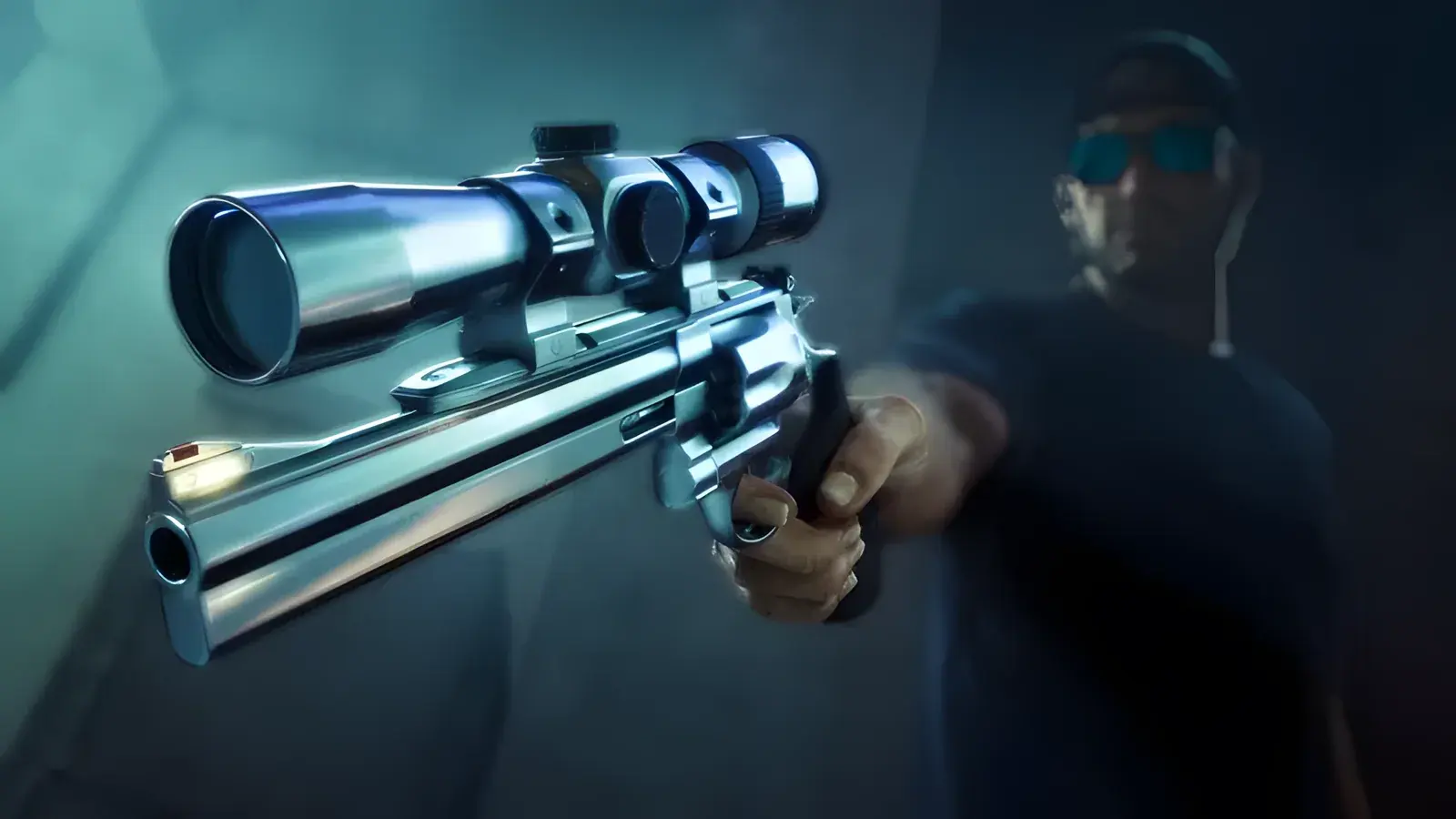Close-up of a chrome scoped revolver pointed at the camera with a man blurred in the background, official GTA 6 Ultimate Edition artwork