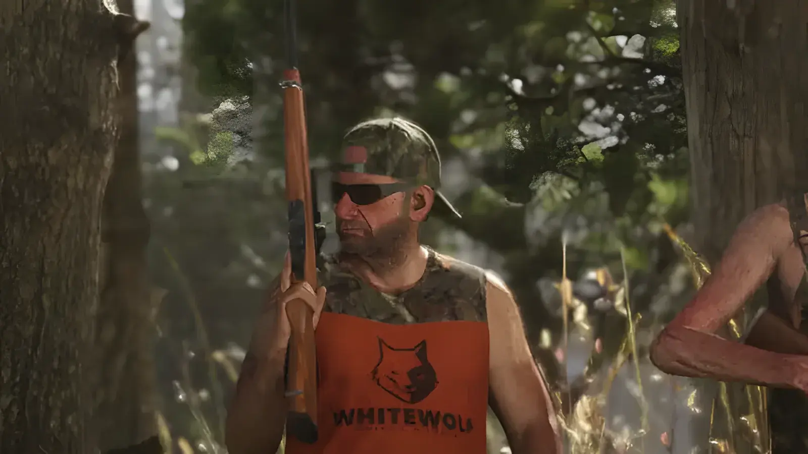 Unnamed rifle (Ruger 10/22 type) in GTA 6, basata sull’arma reale Ruger 10/22. Cacciatore in mimetica che regge un fucile a otturatore in una radura del bosco, screenshot ufficiale di GTA 6