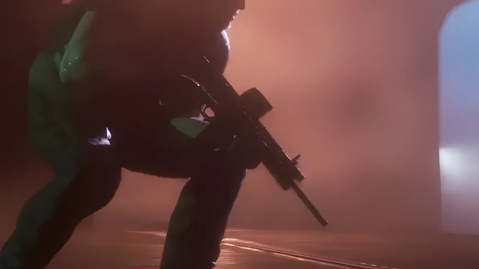 Scar Assault Rifle in GTA 6, basata sull’arma reale FN SCAR-H/L. Tiratore accovacciato con un fucile d’assalto nero in un tunnel fumoso illuminato di rosso, fotogramma del trailer di lancio di GTA 6