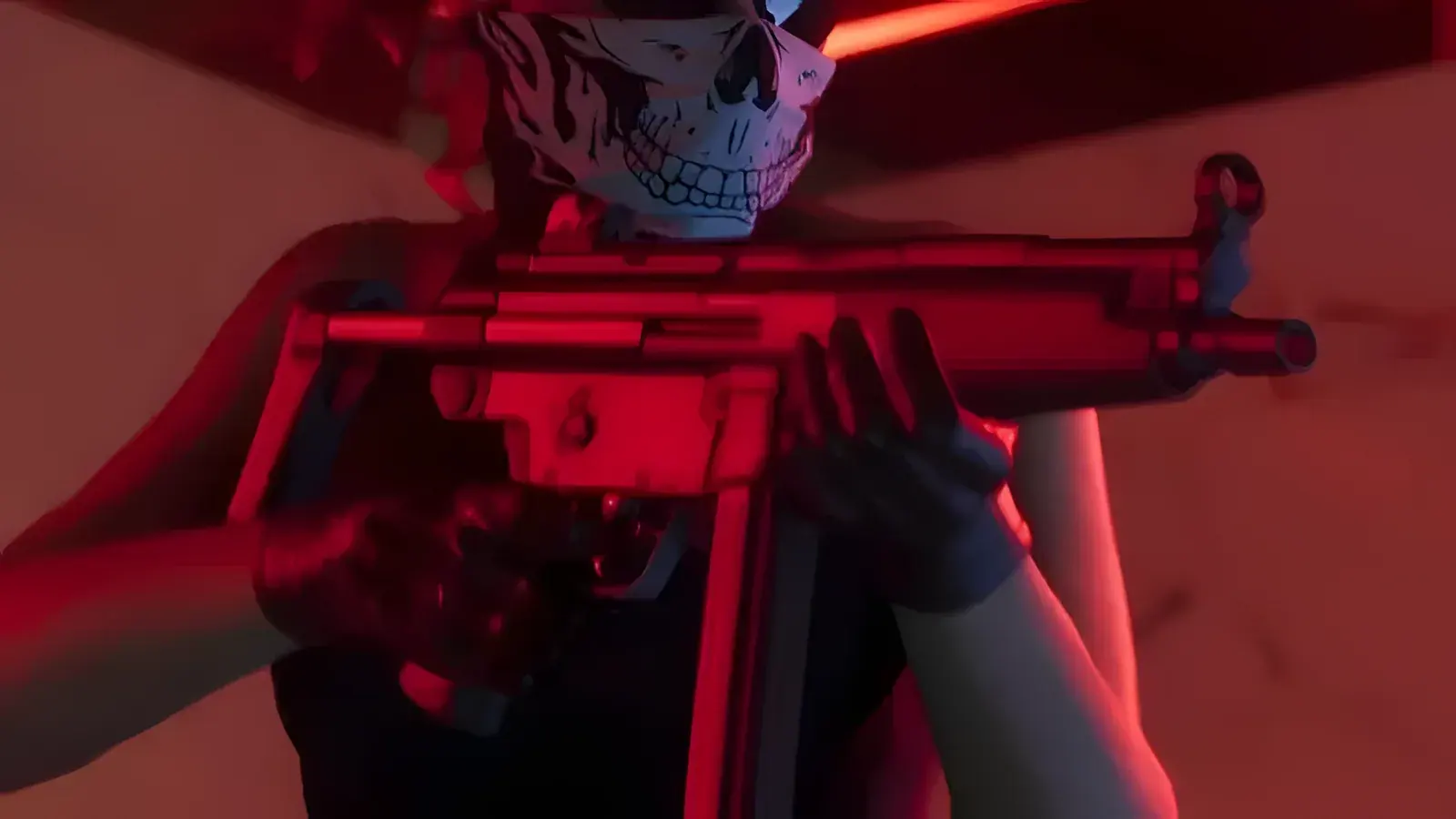 Hawk & Little MP5 SMG in GTA 6, basata sull’arma reale Heckler & Koch MP5. Persona con una bandana a teschio che punta un mitra illuminato di rosso durante una rapina, fotogramma del secondo trailer ufficiale di GTA 6
