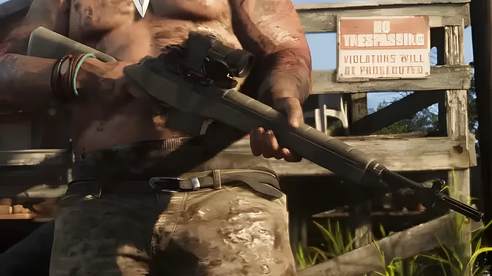 Unnamed rifle (M1A type) in GTA 6, basata sull’arma reale Springfield Armory M1A. Uomo tatuato a torso nudo che regge un fucile con ottica davanti a un cartello di divieto di accesso, screenshot ufficiale di GTA 6