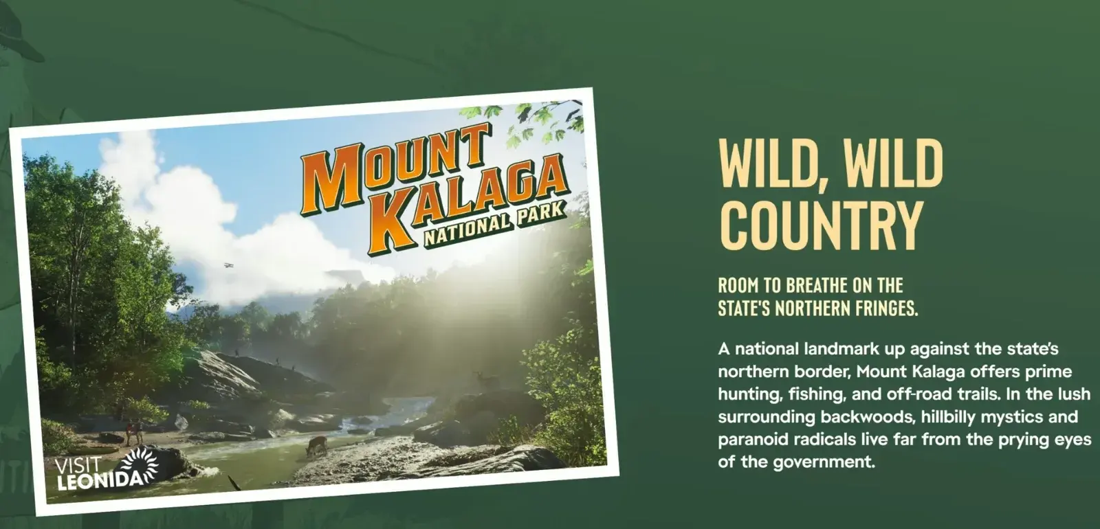 Rockstar's Mount Kalaga page graphic: a postcard of a sunlit forest river reading Mount Kalaga National Park and Visit Leonida, beside the headline Wild, Wild Country and Rockstar's description of the region