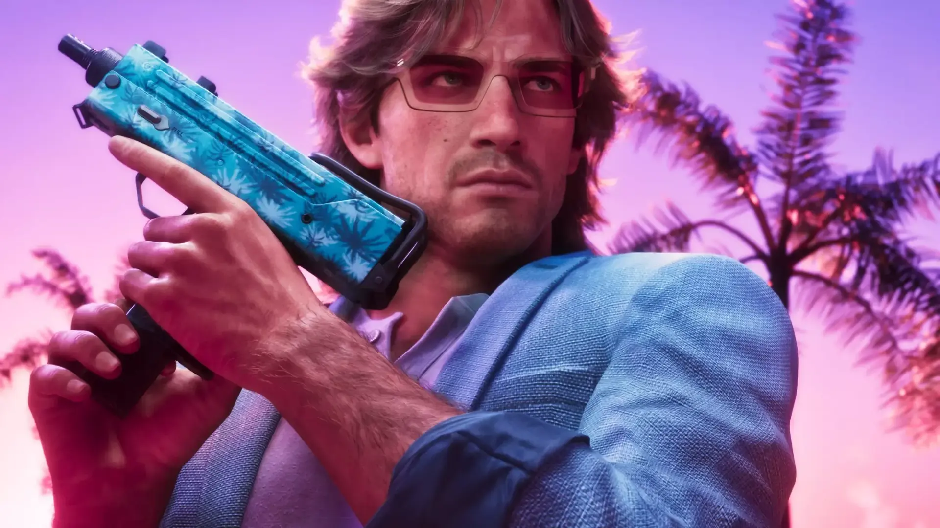 Jason holding a gun with the tropical Vintage Vice City Pack weapon pattern