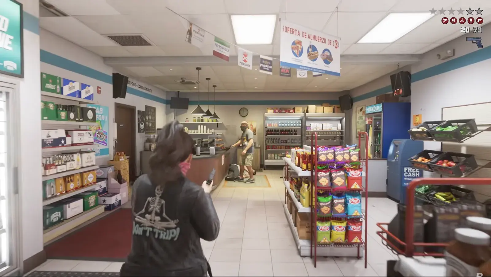 GTA 6 Extended Look frame of Lucia, masked and armed, holding up a grocery store with an ATM by the entrance