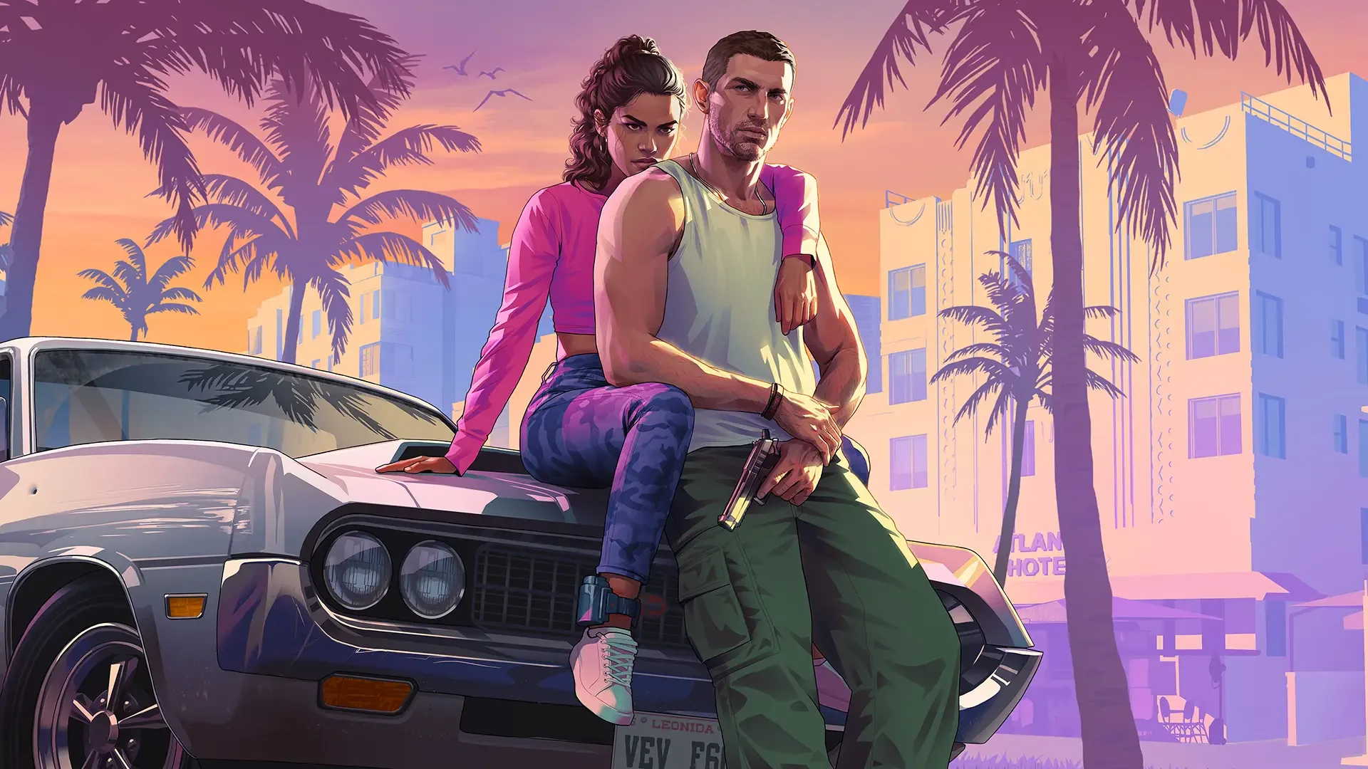 Lucia Caminos and Jason Duval posing on the hood of a classic car in front of Vice City palm trees in official GTA 6 artwork
