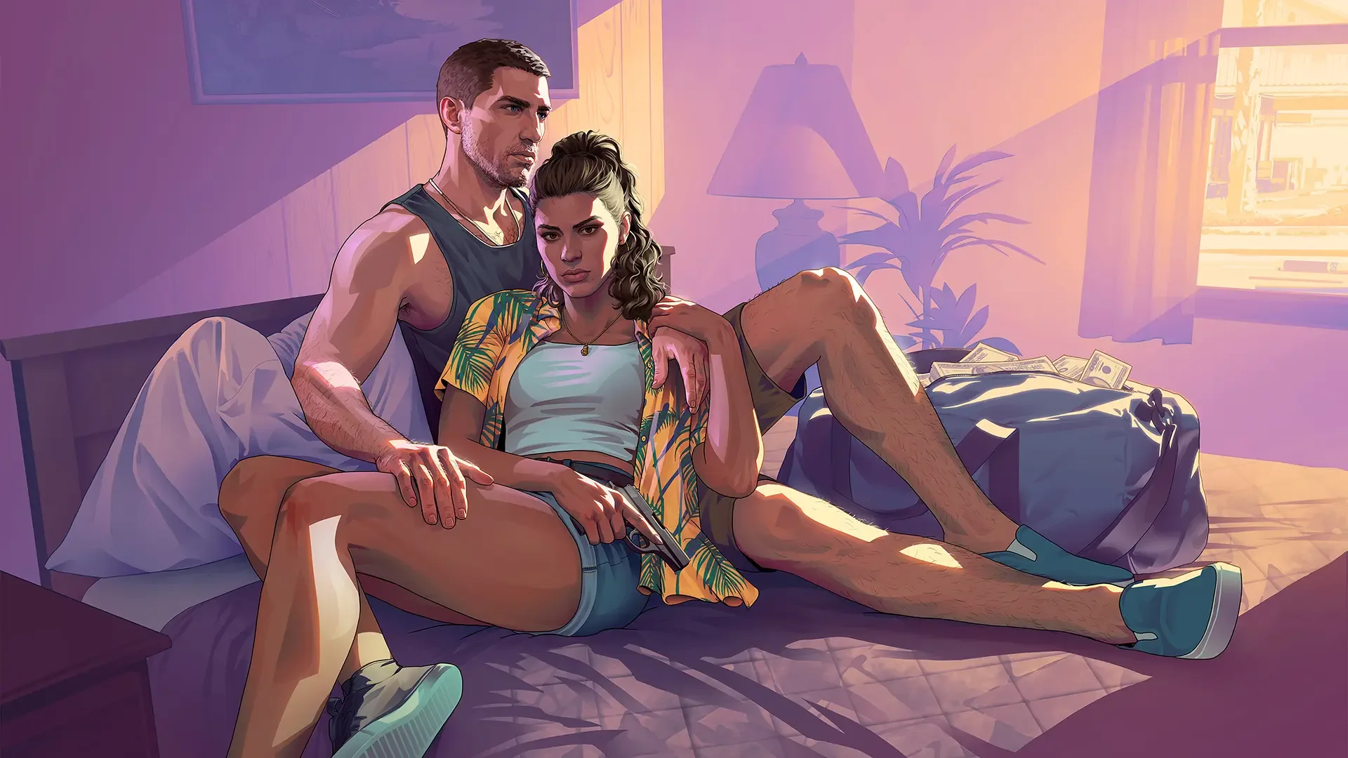 Jason Duval and Lucia Caminos sitting close on a motel bed with a duffel bag of cash beside them in official GTA 6 artwork