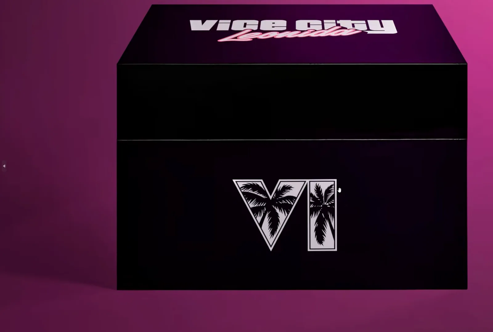 GTA 6 collector’s edition black Collector’s Box exterior with a Vice City Leonida wordmark on the lid and a VI palm tree logo on the front