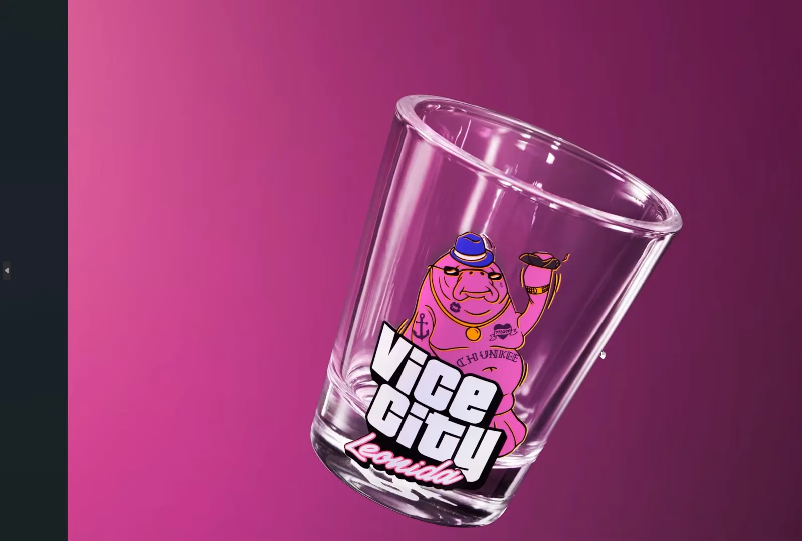 GTA 6 collector’s edition Chunkee the Manatee shot glass with the manatee character and a Vice City Leonida logo