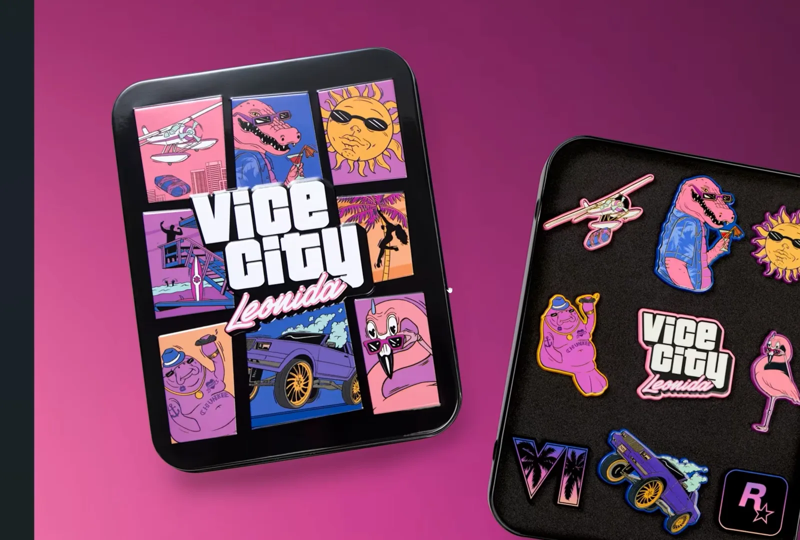 GTA 6 collector’s edition Leonida Keys enamel pin set with nine pins including Macca the Gator, a flamingo and a lowrider laid out in a metal tin