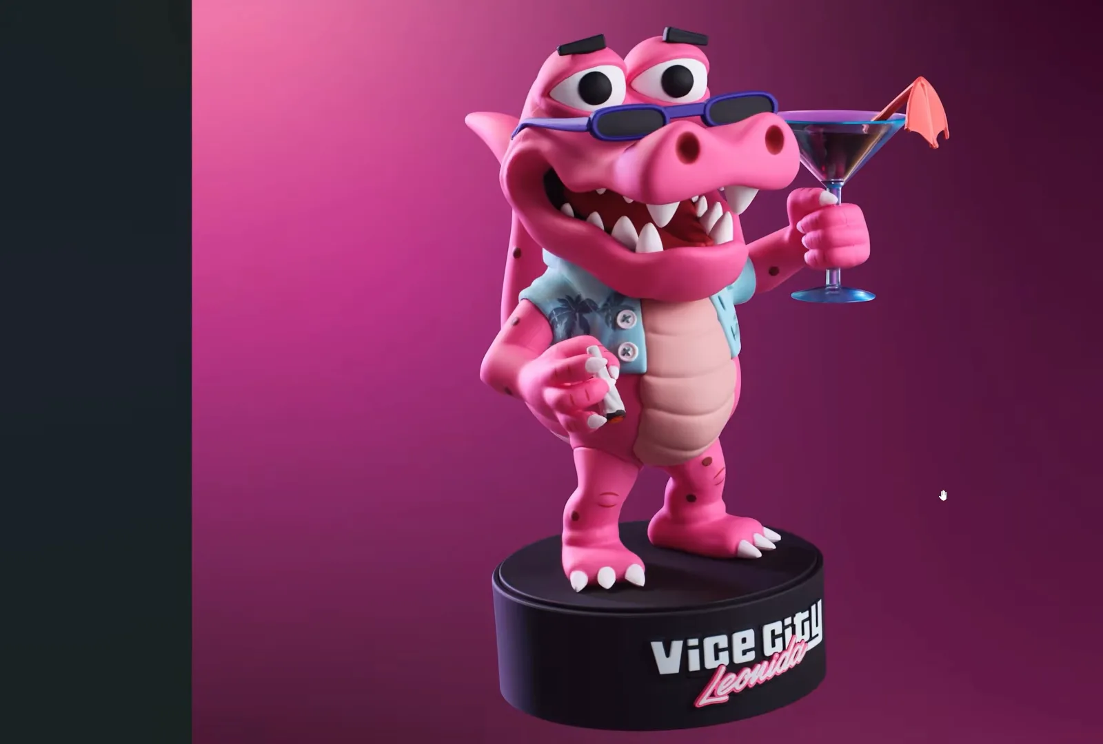 GTA 6 collector’s edition 6-inch Macca the Gator figure holding a martini glass and a cigarette on a Vice City Leonida pedestal