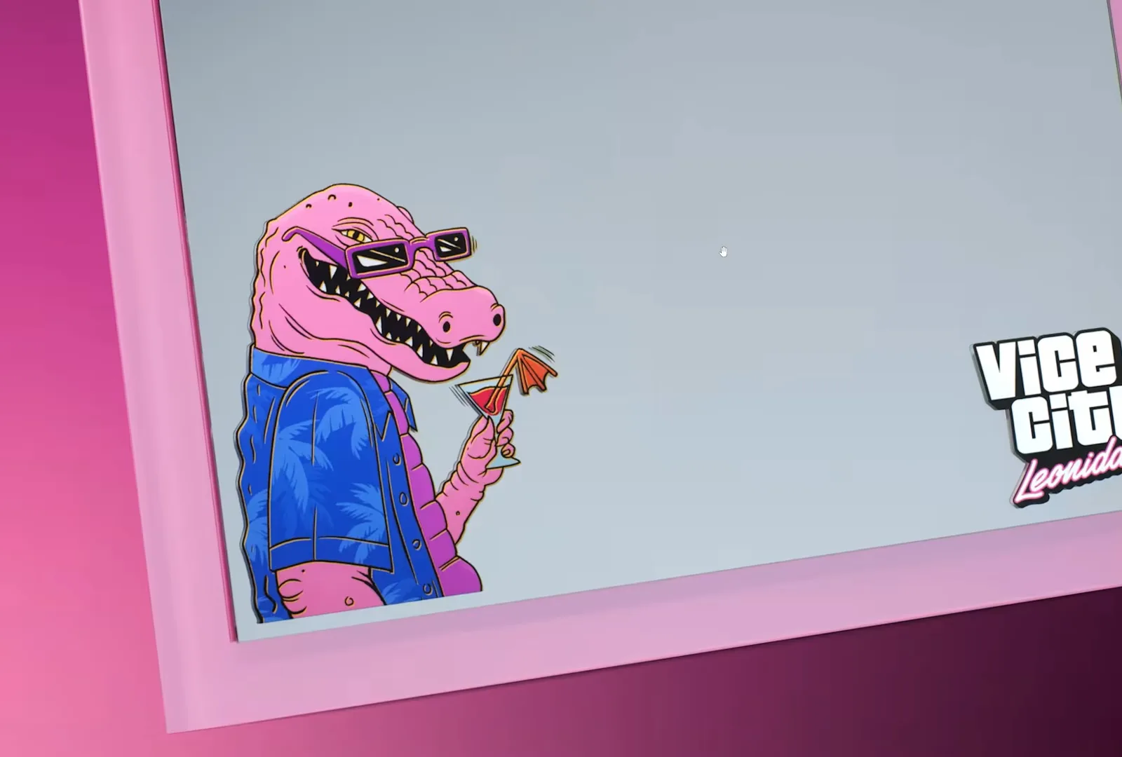 GTA 6 collector’s edition Macca the Gator magnetic mirror with a pink glass frame and a Vice City Leonida logo sticker in the corner