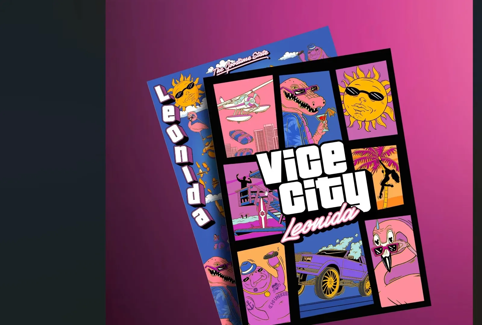 GTA 6 collector’s edition double-sided souvenir poster showing Vice City Leonida character art on the front and the Leonida map edge on the back