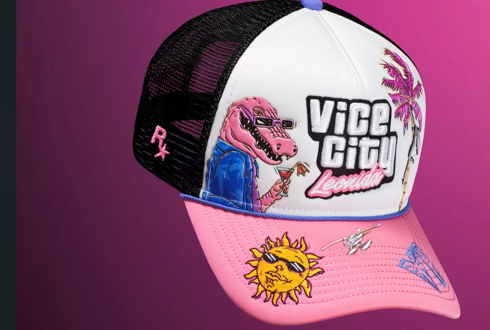 GTA 6 collector’s edition New Era 9FORTY snapback hat with a Macca the Gator patch, palm tree embroidery and a Vice City Leonida logo