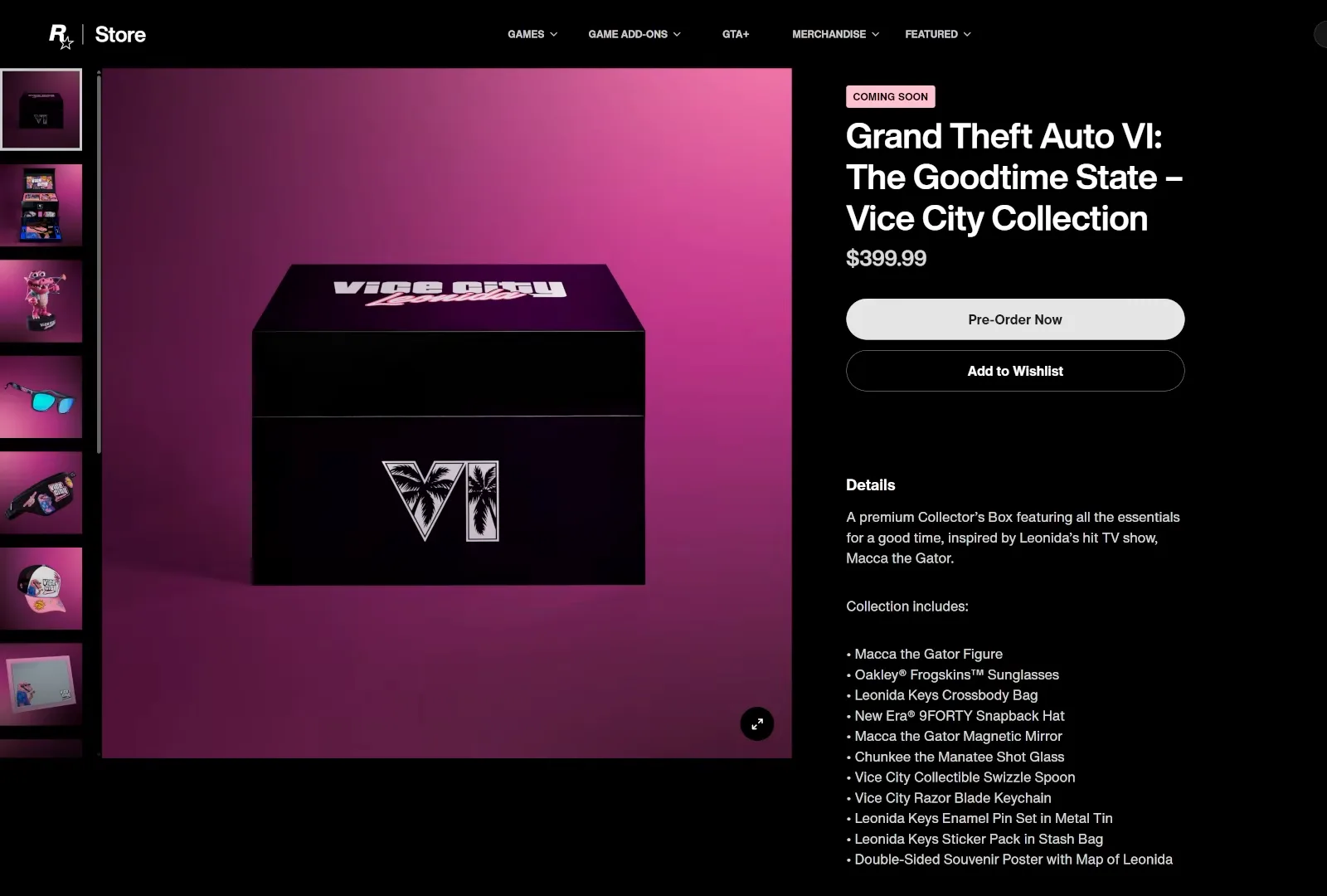 GTA 6 collector’s edition listing on the Rockstar Store showing the black Collector’s Box, the $399.99 price and a Pre-Order Now button