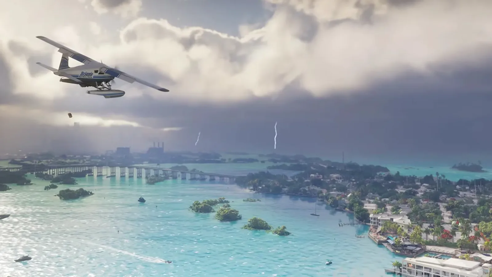 GTA 6 seaplane flying under a dark storm front above turquoise water and islands, with lightning striking near a distant bridge