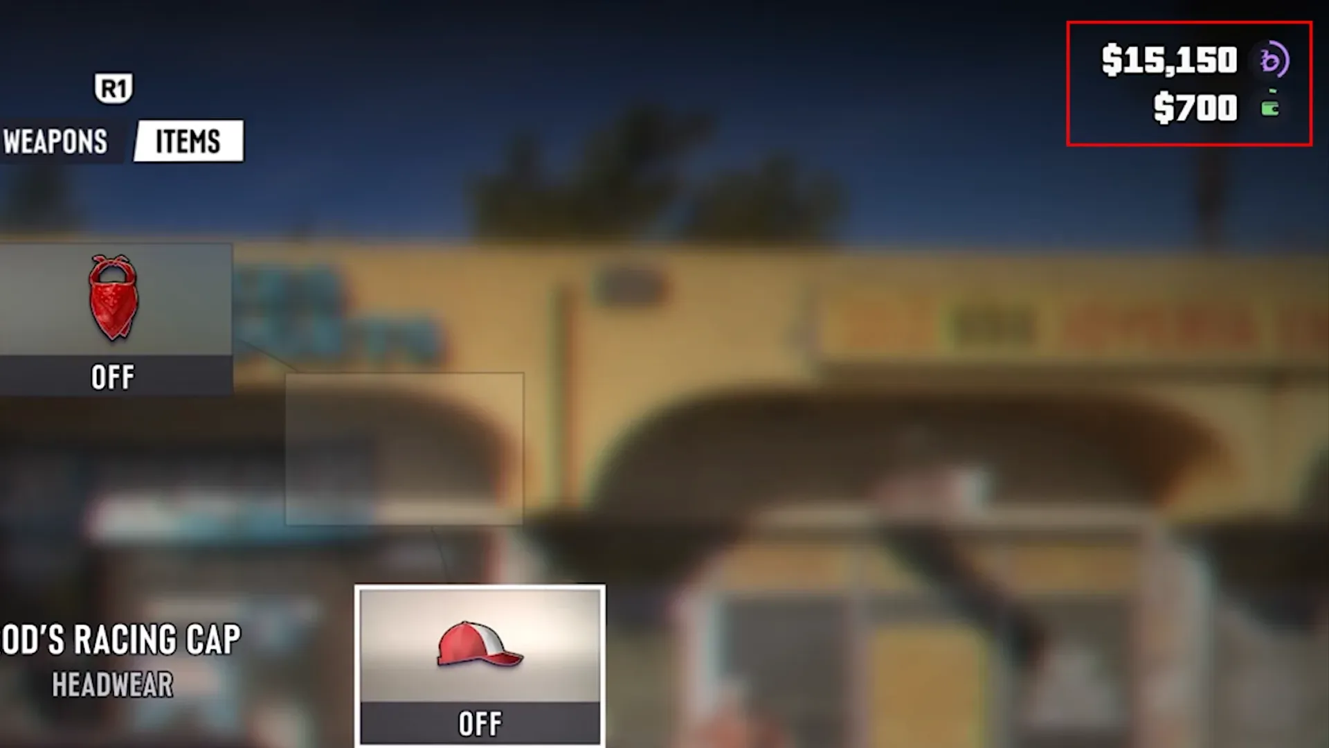 GTA 6 HUD amounts $15,150 and $700 boxed in red at the top right over a blurred items menu with a red bandana and a racing cap