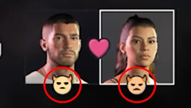 GTA 6 HUD element with portraits of Jason and Lucia, a pink heart between them and a small devil-face icon circled in red under each