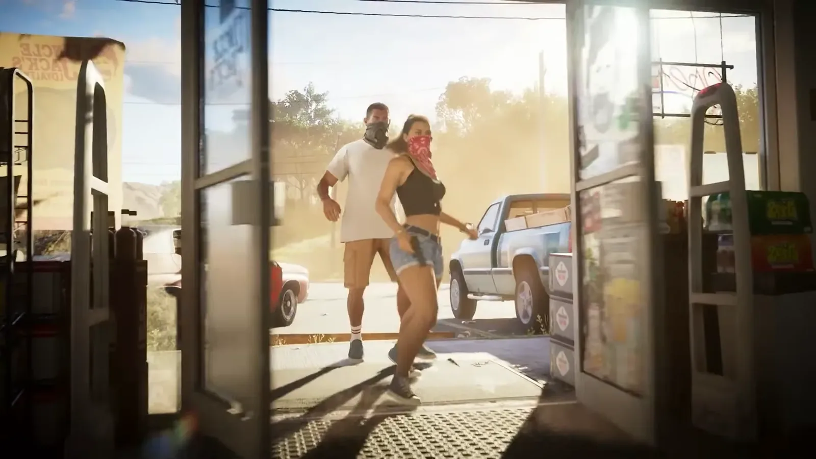 GTA 6 footage of a masked man in a white tee and masked woman in a black crop top stepping through a convenience store door onto a sunlit lot with a pickup truck