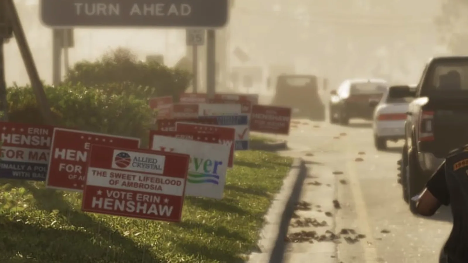 Roadside campaign signs in GTA 6 reading Vote Erin Henshaw next to Allied Crystal branded signage, with an Ambrosia County Sheriff's Office road sign above them