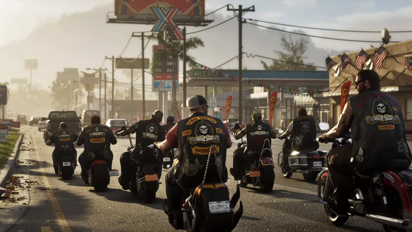 Bikers riding through GTA 6's Ambrosia with vest patches reading Final Chapter above a skull emblem and Ambrosia on the bottom rocker