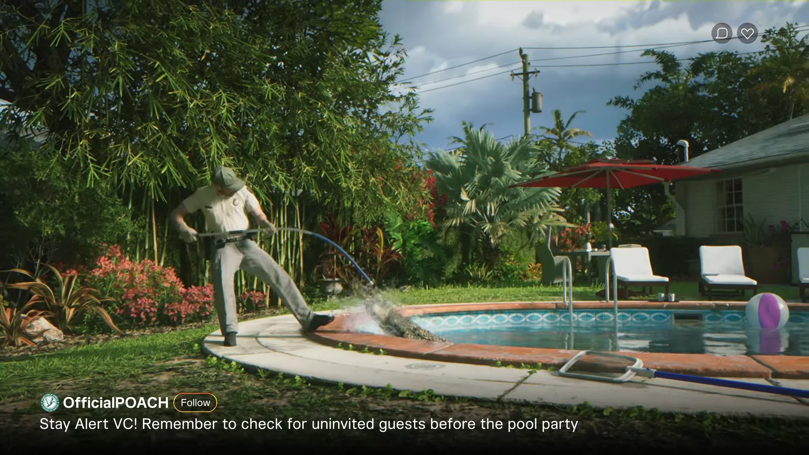 GTA 6 in-game social post from account OfficialPOACH reading Stay Alert VC, shown over a backyard pool with an alligator in Berserker's Grassrivers footage
