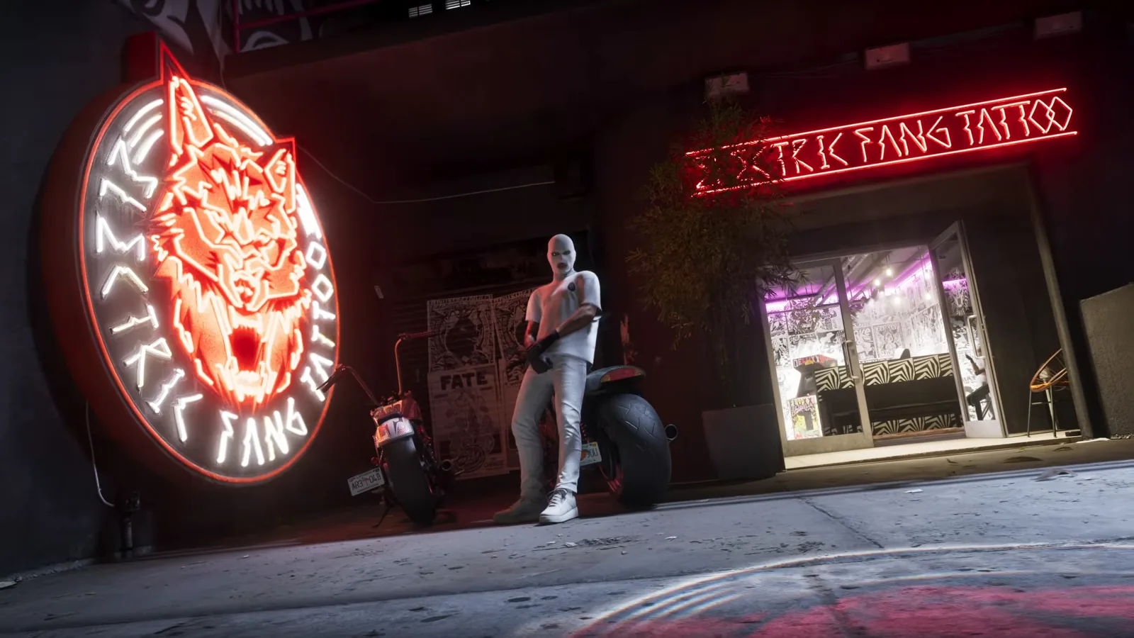 Electric Fang Tattoo neon shop sign with a wolf logo beside a motorcycle at night in GTA 6's Vice City