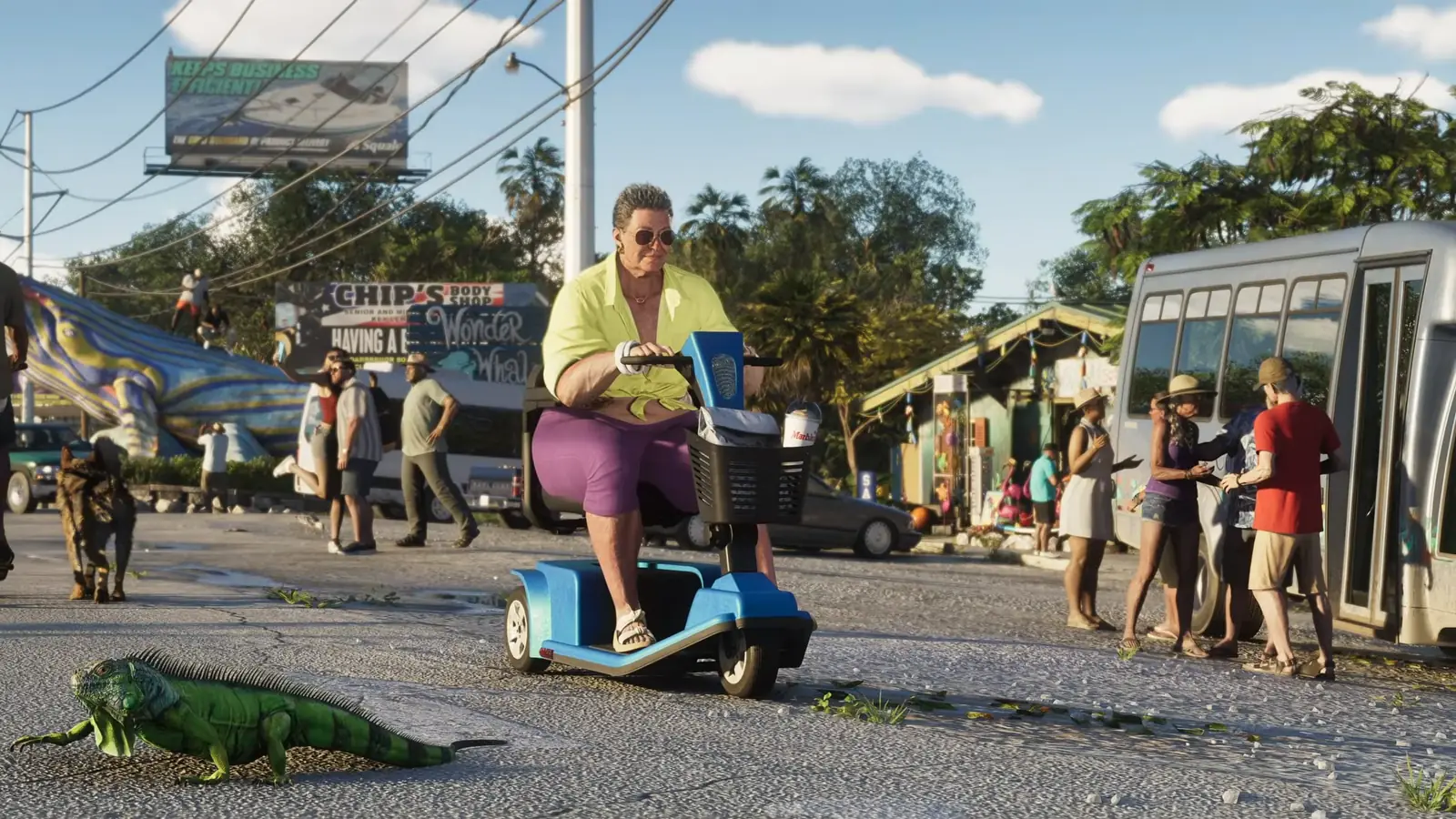 Tourist riding a mobility scooter past an iguana and the giant Wonder Whale roadside attraction on a GTA 6 Leonida Keys street