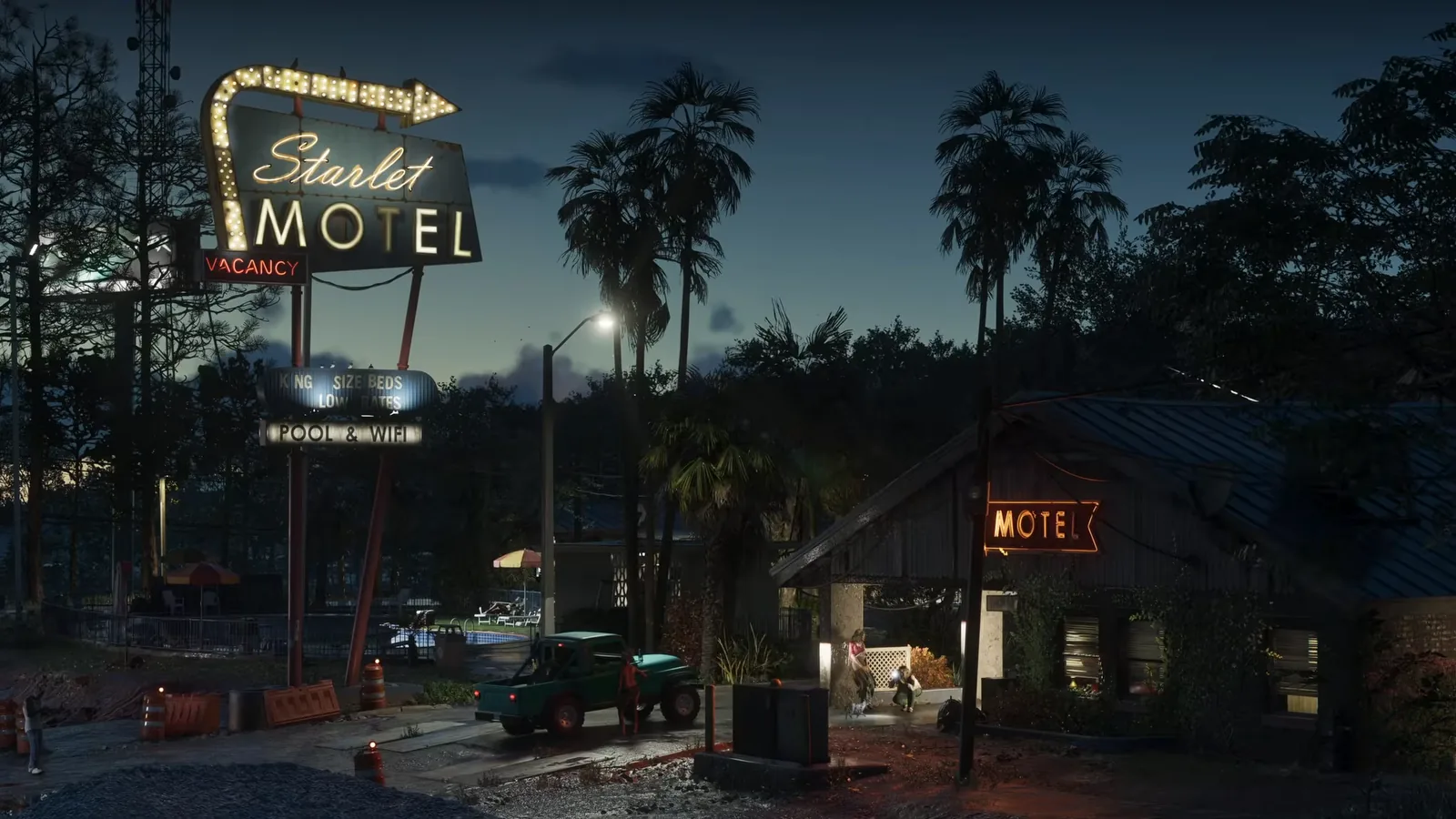 Neon Starlet Motel sign advertising king size beds, pool and wifi outside a run-down GTA 6 Port Gellhorn motel at dusk