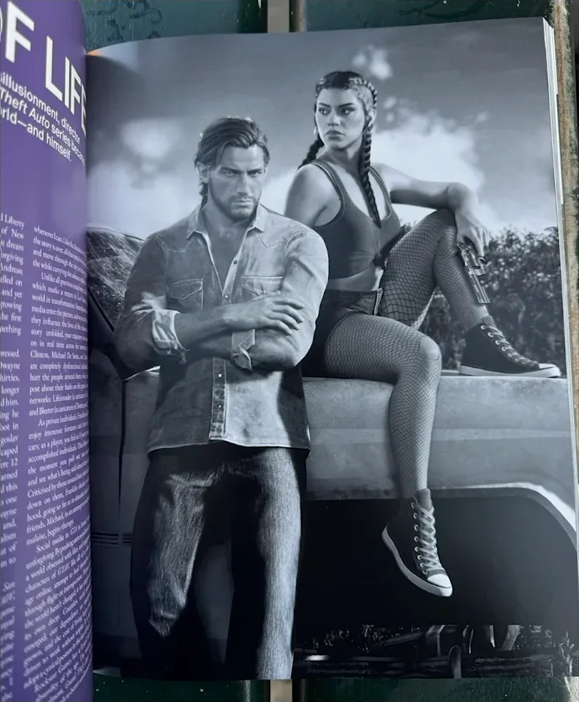 Jason with his arms crossed beside Lucia in braids and fishnet tights sitting on a car, in a black-and-white GTA 6 page of LOVE magazine