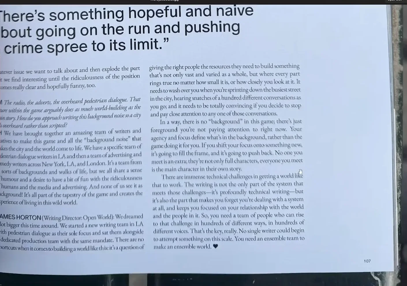 Page 107 of LOVE magazine with the pull quote about going on the run and James Horton’s answer on the pedestrian-dialogue team in GTA 6