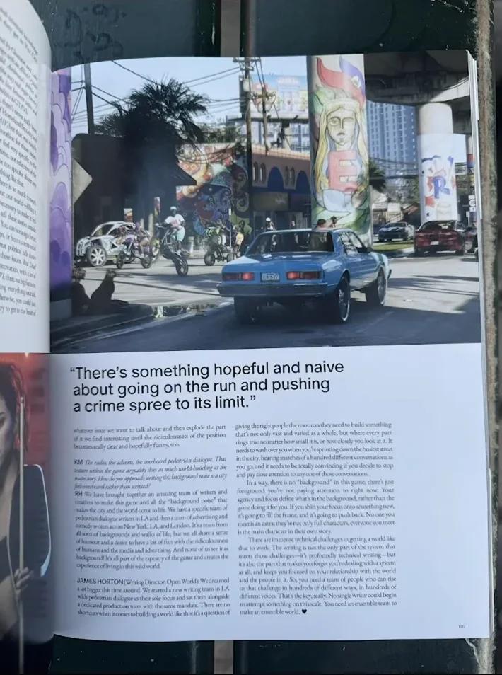 LOVE magazine page with a GTA 6 scene of a light-blue car with chrome rims under an elevated road beside a mural, with people riding bikes behind it
