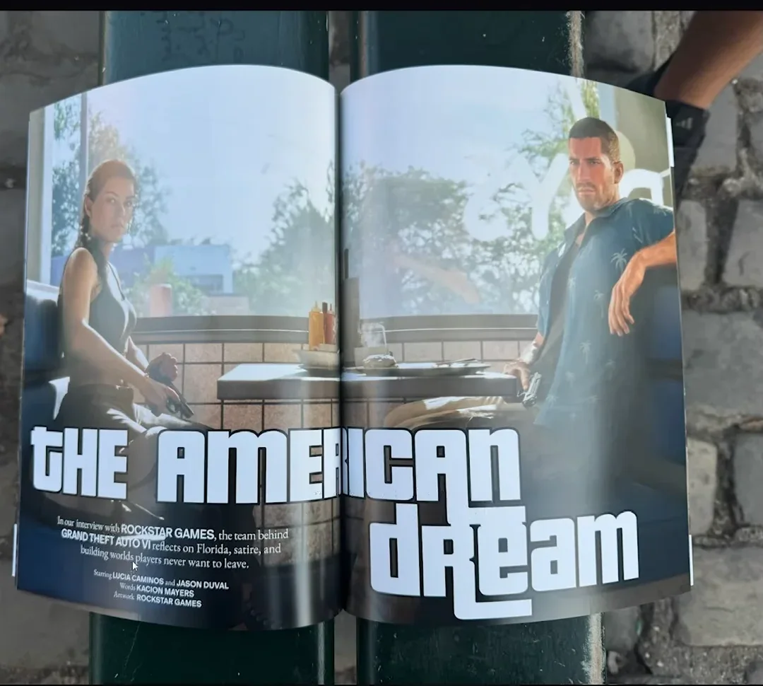 LOVE magazine opening spread for GTA 6: Lucia and Jason in a diner booth under the headline The American Dream, with the standfirst and credits
