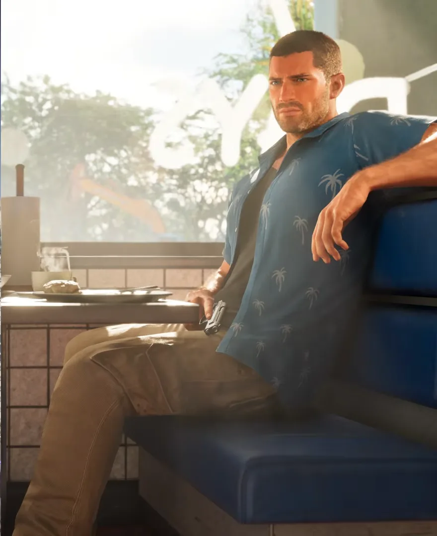 Jason across a diner booth table holding a pistol in the second half of the same new GTA 6 screenshot